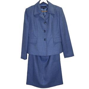 Evan Picone Suit 2 Pc Skirt Blazer Petite Denim Look Career Womens Size 6P Blue